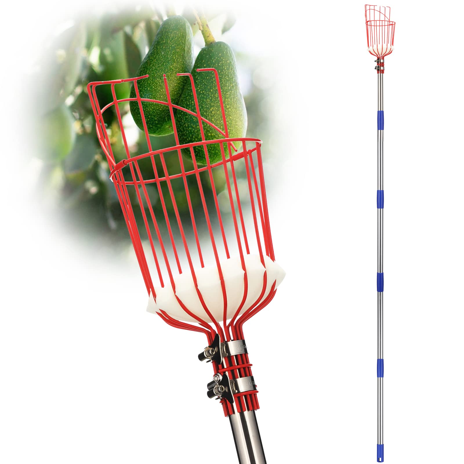 DonSail Pomelo Fruit Picker Pole Tool with Basket Telescoping Long Handle, 35-95 Inch Adjustable Orange Apple Picker Pole Tool with Basket for Avocado Acorn Lemon Pear Mango Tree Picker