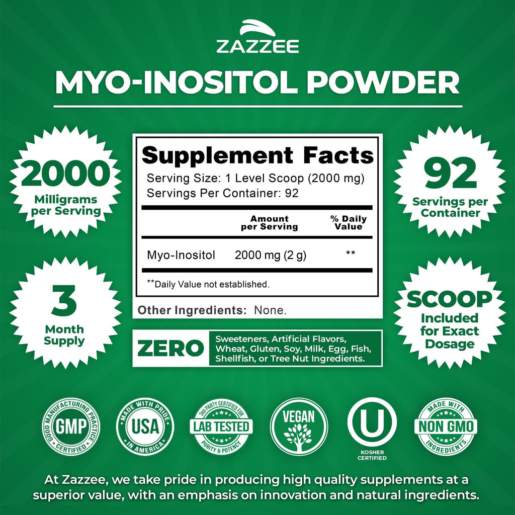 Zazzee Myo-Inositol Powder, 3 Month Supply, 92 Servings, 2000 mg per Serving, Free Scoop for Exact Dosage, 6.49 Ounces, Certified Kosher, 100% Pure, Fertility & Reproductive Support, Made in the USA