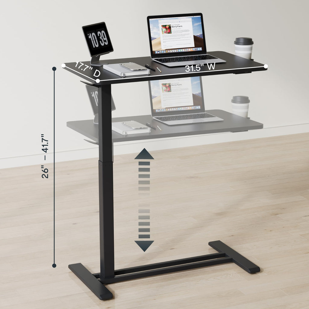 FLEXISPOT H7 Adjustable Overbed Bedside Table with Wheels Pneumatic Mobile Standing Desk Laptop Desk Rolling Computer Cart Movable Overbed Table Hospital Home Use(31.5" W x 17.7" D, Black Large)