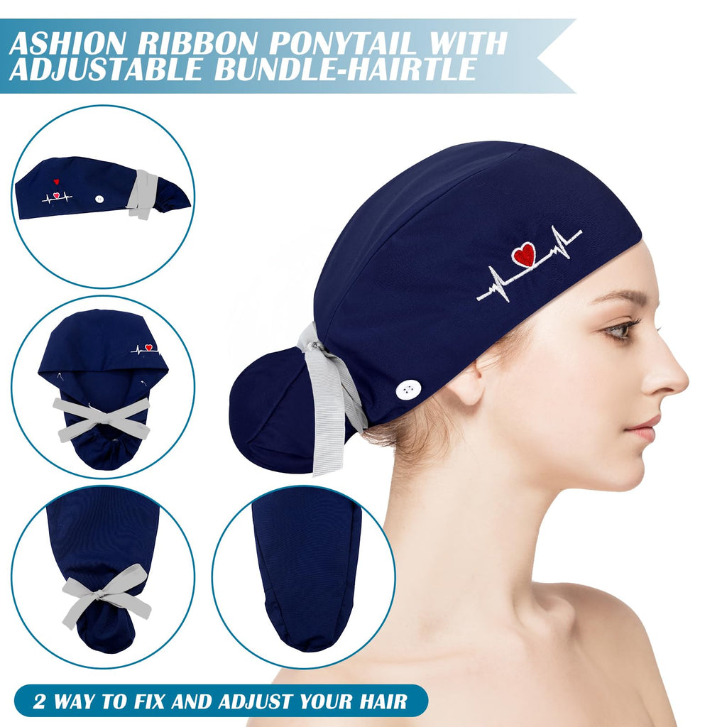 Honoson 6 Pcs Scrub Caps for Women with Buttons, Adjustable Bouffant Surgical Caps with Ponytail Holder, Cotton Nurse Hats(Classic Color,Classic)