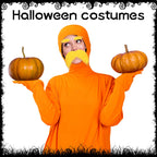 HIYZI Orange Costume Yellow Mustache and Eyebrows Halloween Costume Orange Jumpsuit for Halloween Christmas Festival Party Cosplay Men Women (S)