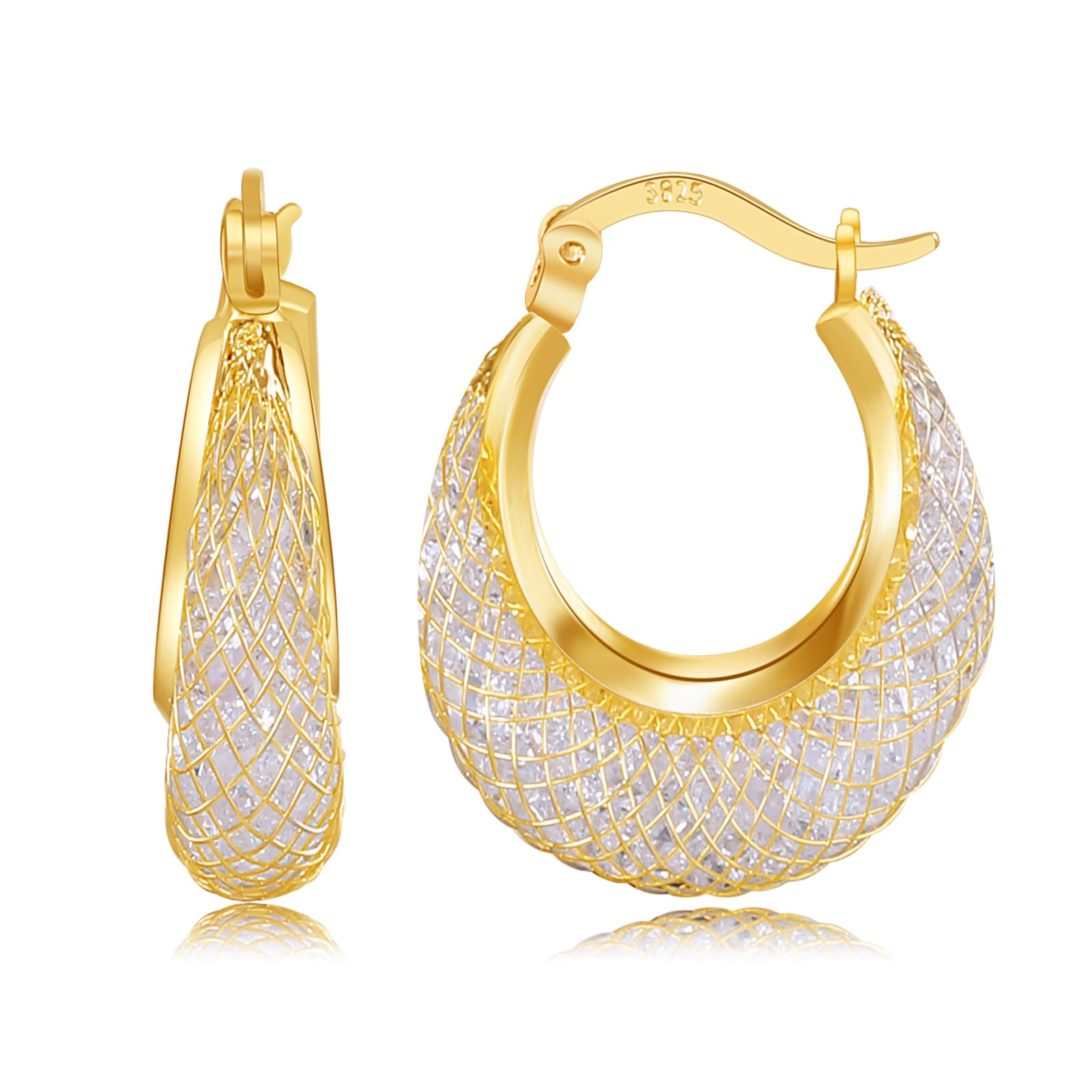 SayovatBek 14K Gold Plated 23–25mm Lightweight Mesh Hoop Earrings for Women, Cubic Zirconia, 925 Sterling Silver Post, Hypoallergenic