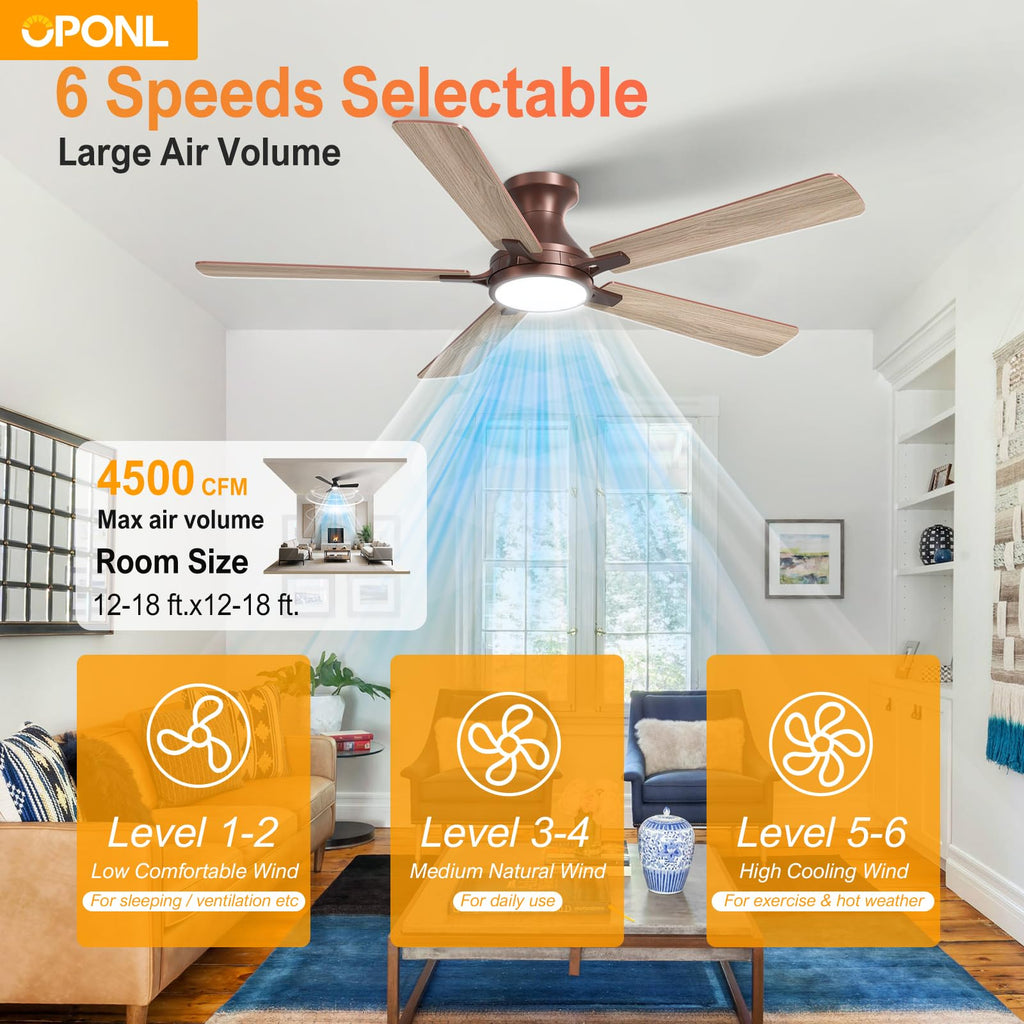 OPONL 52 Inch Ceiling Fans with Light, Brown Ceiling Fan with Light and Remote Control, 6CCT, Dimmable LED, Noiseless DC Reversible Motor, Flush Mount, Low Profile Ceiling Fan for Indoor/Outdoor Use