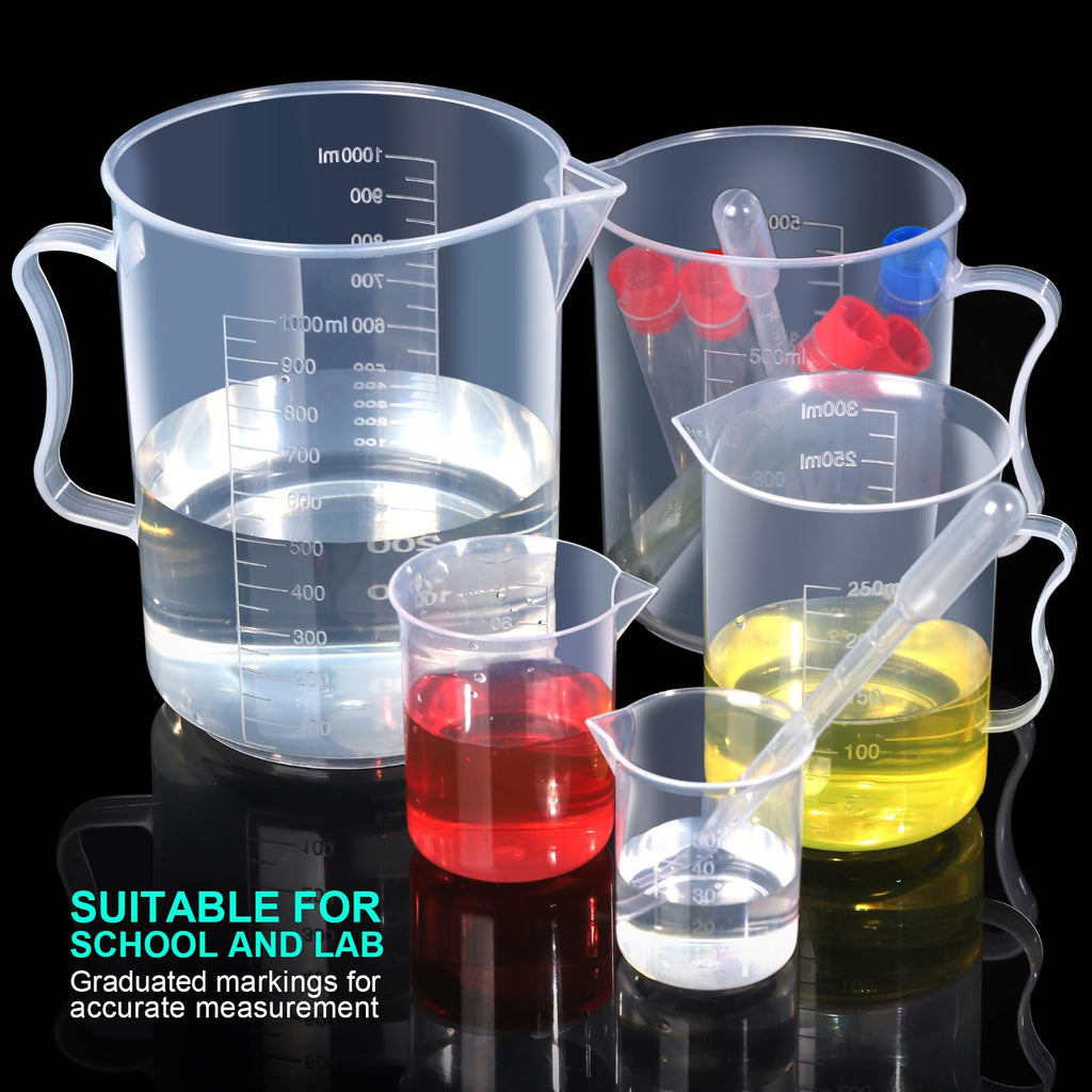 Teenitor Graduated Cylinder Plastic Beaker, 5pcs Plastic Graduated Cylinder 10ml 25ml 50ml 100ml 250ml and 5pcs Plastic Beakers 50ml 100ml 250ml 500ml1000ml Clear 10pcs