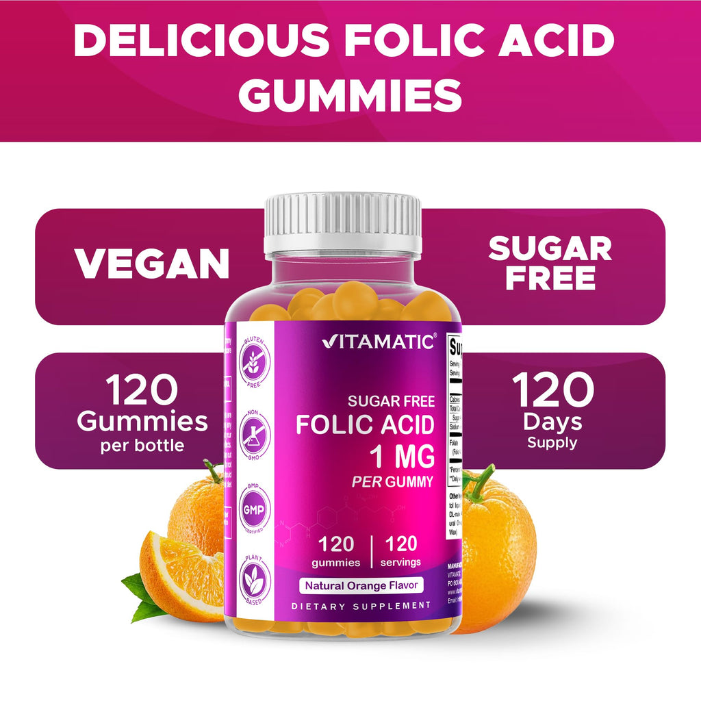 Vitamatic Folic Acid Gummies 1000 mcg (1 mg) – Essential Prenatal Vitamin B9 for Mom & Baby – 120 Vegan Gummies per Bottle – 2 Pack