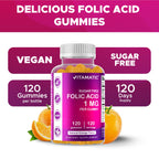 Vitamatic Folic Acid Gummies 1000 mcg (1 mg) – Essential Prenatal Vitamin B9 for Mom & Baby – 120 Vegan Gummies per Bottle – 2 Pack