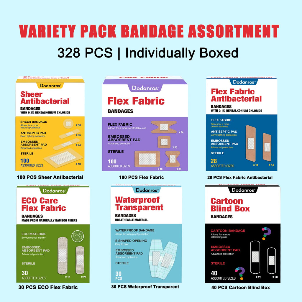 Dodanros Variety Bandages Pack,328ct Assorted Bulk Various Sizes, Shapes &Features | Sheer & Flex Fabric with Benzalkonium, ECO Bamboo Fabric, Waterproof, Cartoon Blind Box Fragrance Bandages