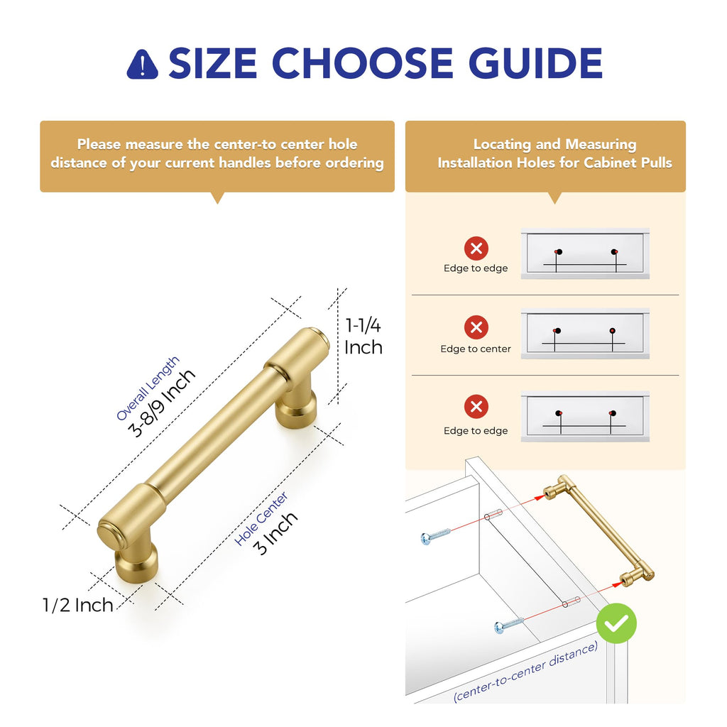 Ravinte 5 Pack 3 Inch Hole Center Solid Kitchen Cabinet Handles Brushed Gold Dresser Pulls Cabinet Drawer Pulls for Kitchen Cupboard Hardware