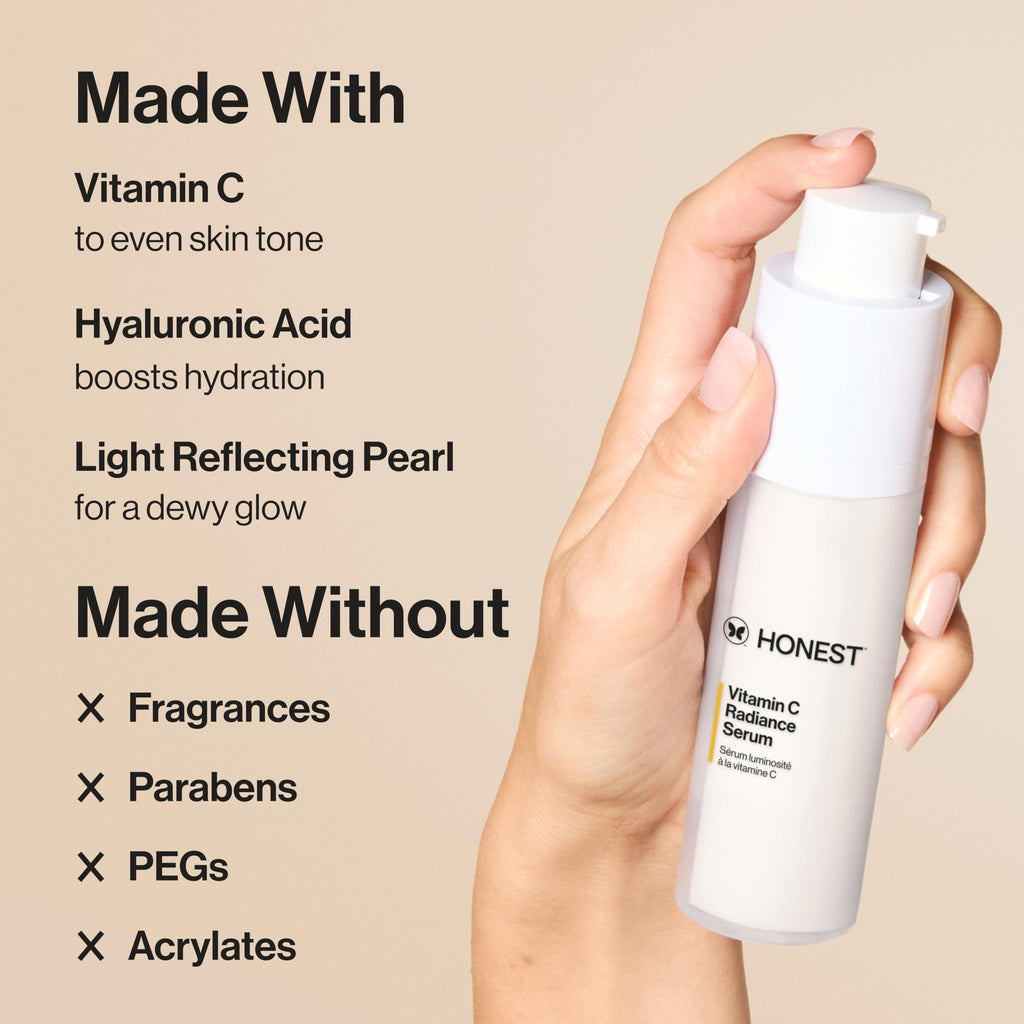 Honest Beauty Vitamin C Radiance Serum, Improves Brightens Skin Tone and Complexion, Gentle for Sensitive Skin, Fragrance-Free, Vegan, 1 fl oz