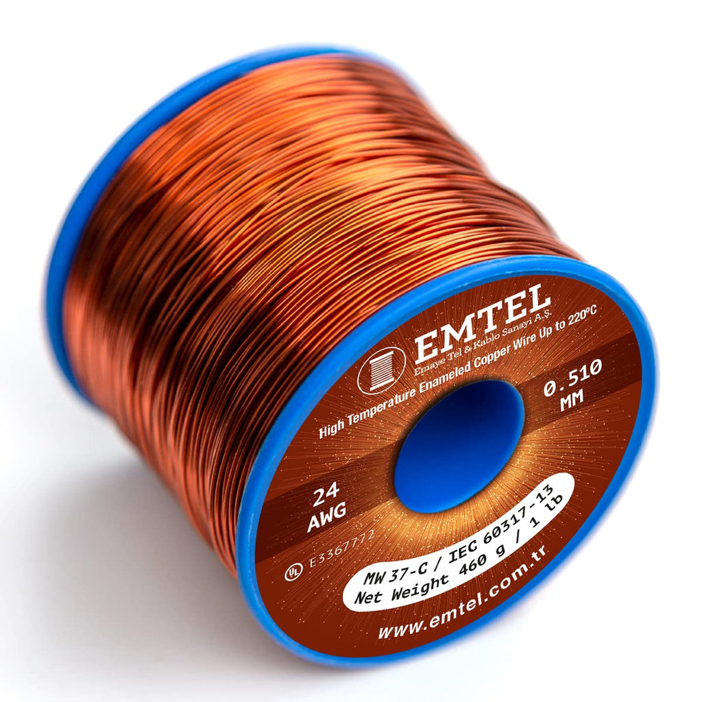 Emtel 24 AWG - 1 lb (805 feet) 99.9% Pure Copper Wire, Enameled Magnetic Wire for Motor, Transformer, Magnetic Coil, & Electroculture Gardening, Winding Magnet Wire - 220°C (428°F) Thermal Class