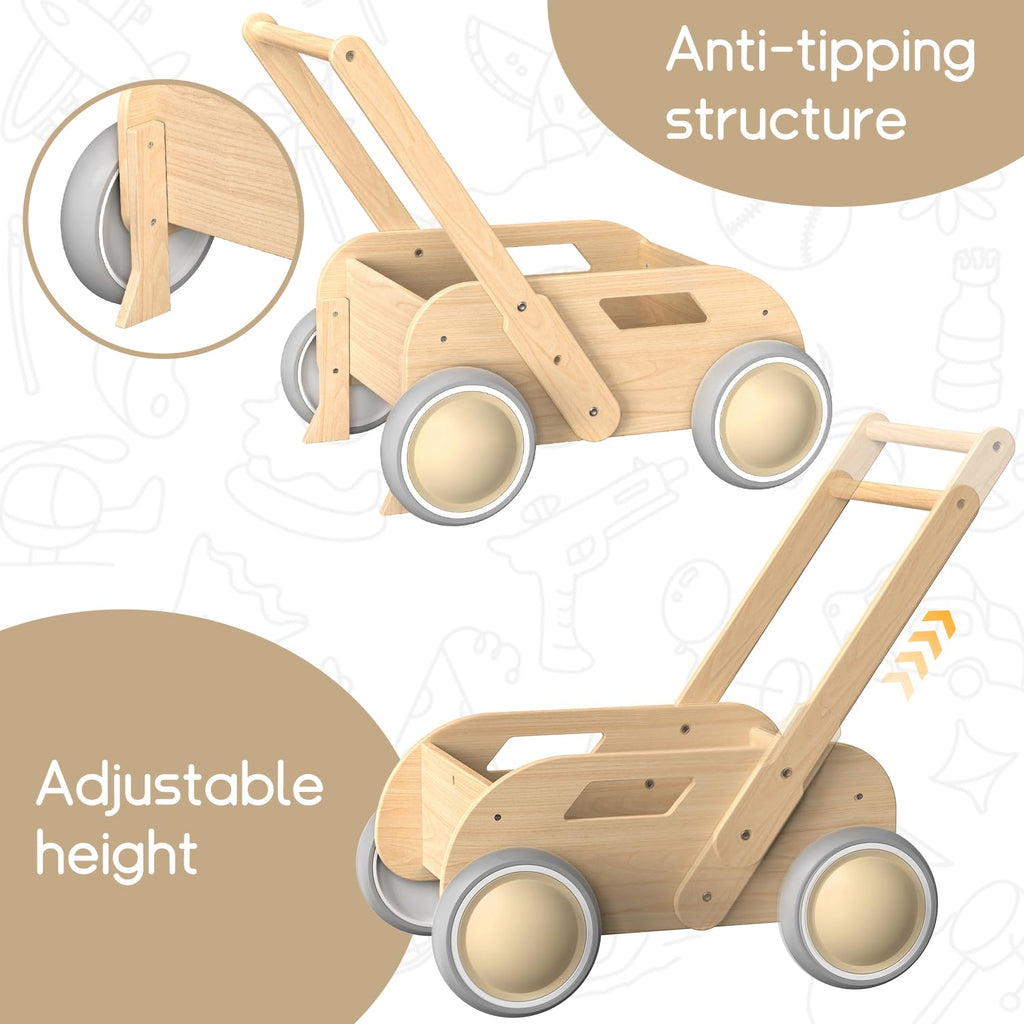 HOMEKOL Wooden Baby Push Walker, Natural Wood Color