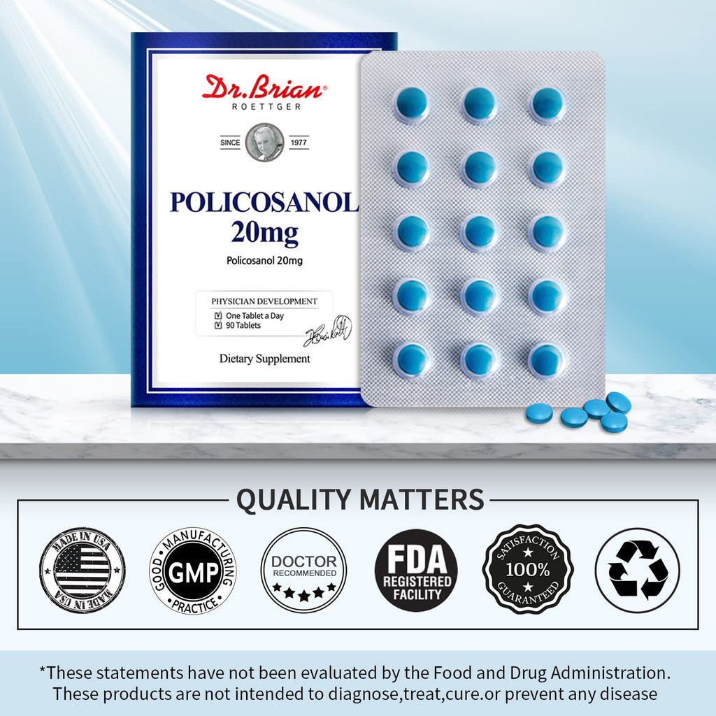 Dr. Brian Policosanol 20mg | Supports Heart & Cholesterol Health - Vegan, Gluten Free, Dairy Free, 90 Policosanol Vegetable Tablets