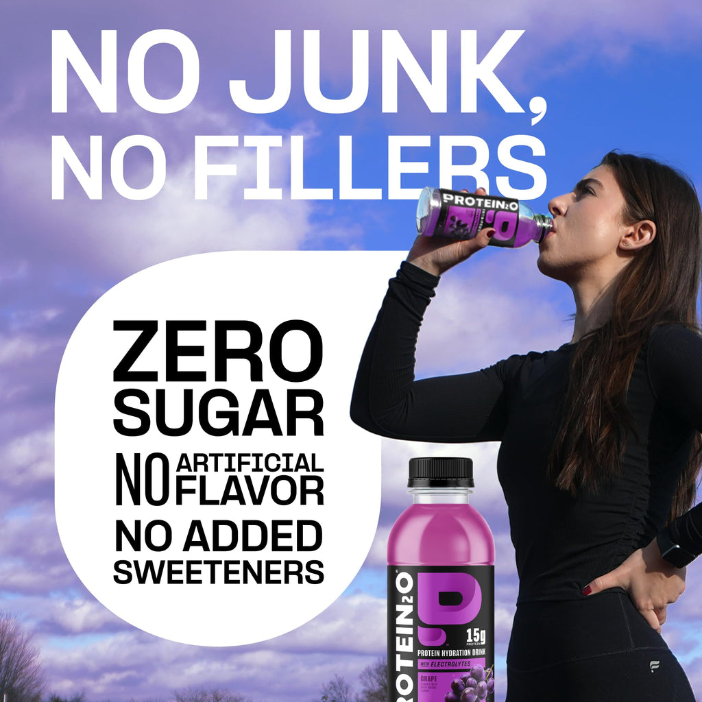 Protein2o 2-in-1 Clear Whey Protein & Electrolyte Beverage, 15g Protein, Gluten-Free, 16.9 fl oz Bottles (12 Count), Grape