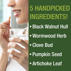 Wormwood Black Walnut Clove Cleanse for Humans. Elimination Detox + Intestinal Support Capsules Supplement for Adults and Kids. Pills with Artichoke and Pumpkin Seed for Additional Benefits