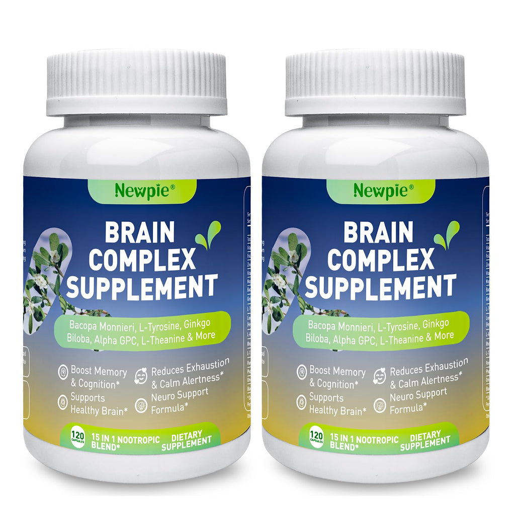 Newpie Brain Supplements for Memory & Focus,15 in 1 Brain Supplement Nootropic with Bacopa Monnieri,Alpha GPC, Ginkgo Biloba,Lion's Mane for Mental Clarity & Concentration 120 Caps (2)