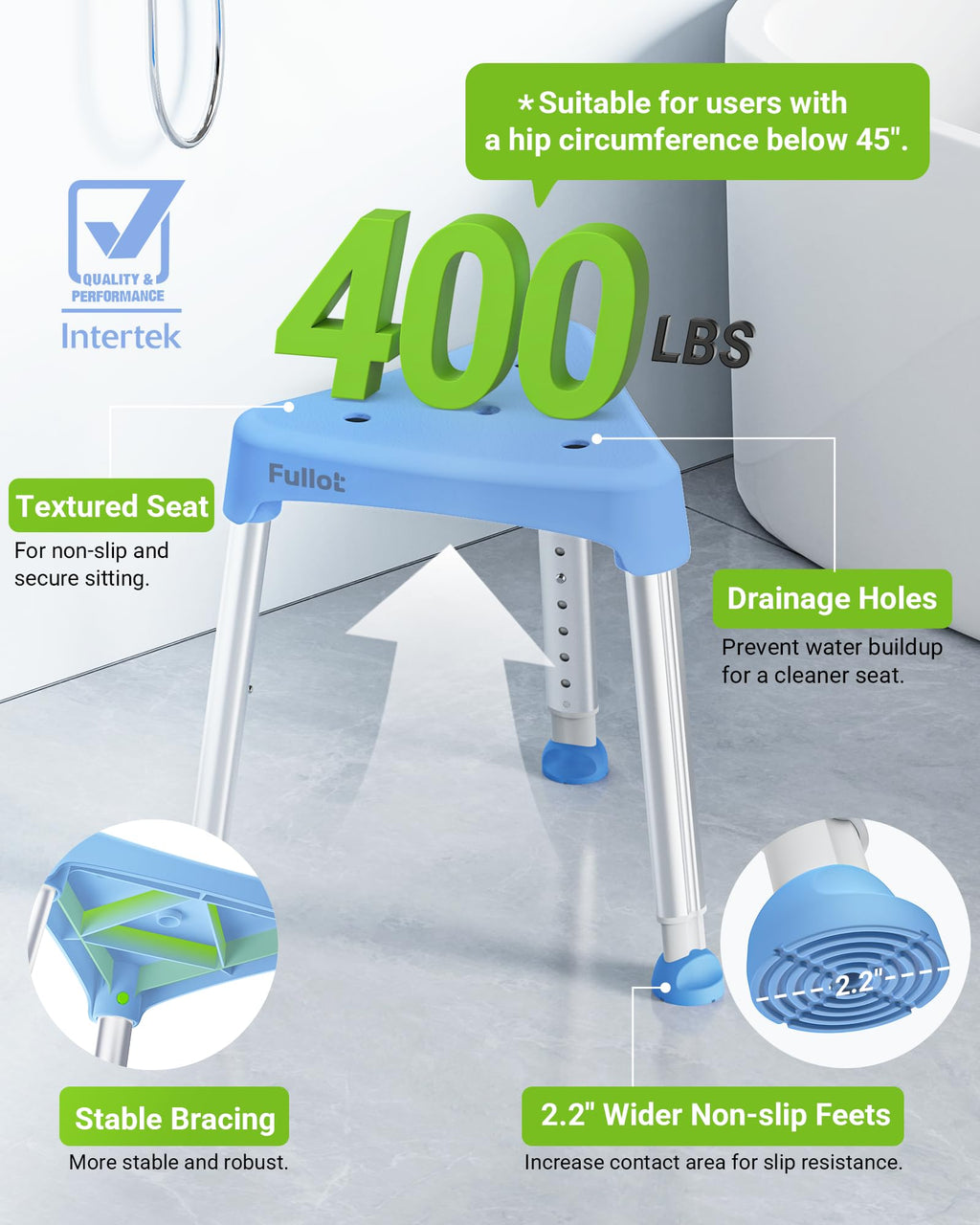 Space-Saving Triangular Shower Chair for Elderly and Disabled, FSA/HSA Eligible 400 lbs Adjustable Shower Stool Seat with Stable-Bracing, Non-Slip Bathtub Chair, Tool-Free Assembly