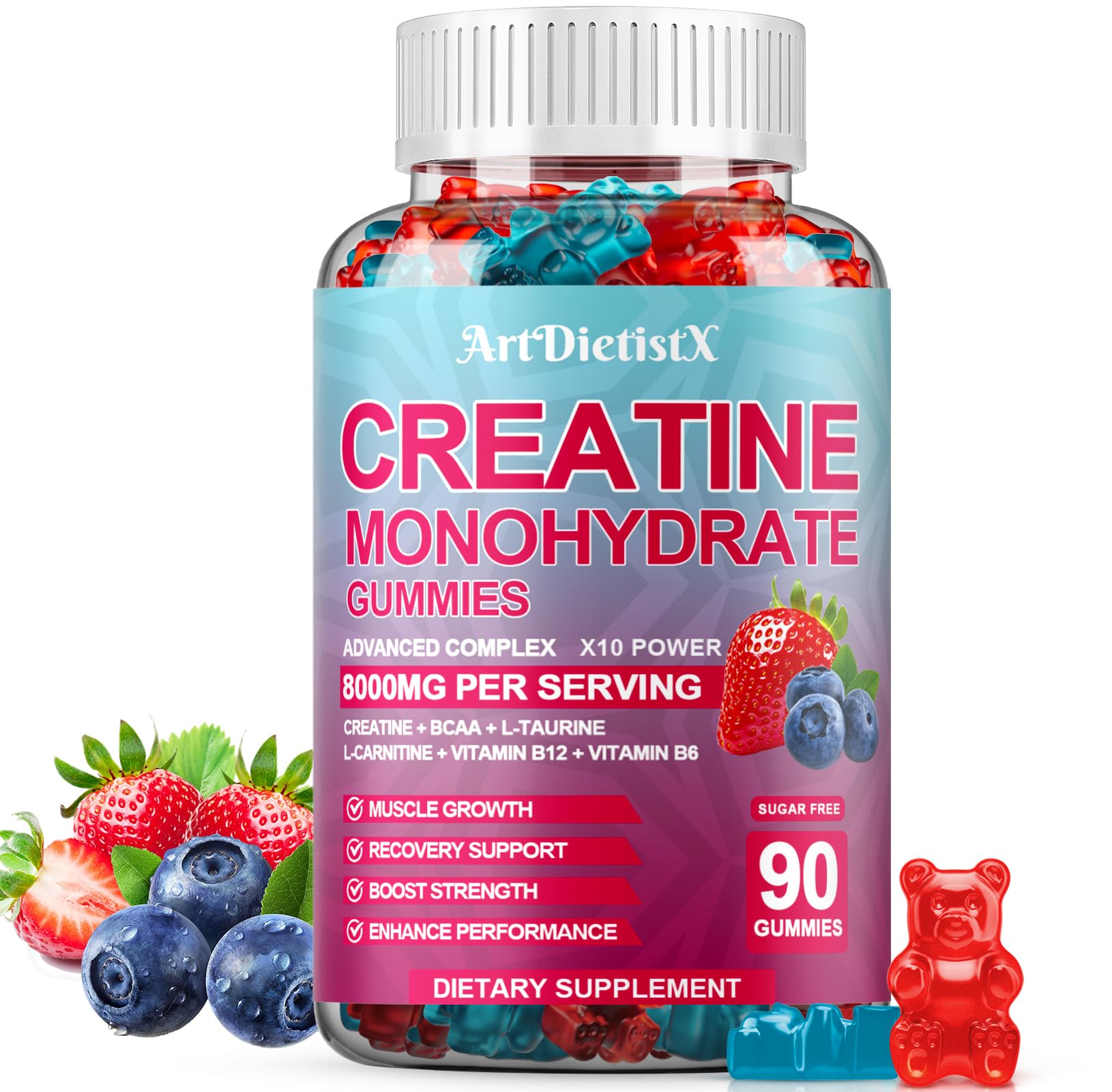 Creatine Monohydrate 8000mg Gummies with BCAA, L-Carnitine, Taurine & Vitamin B12 - Pre Workout Supplement for Muscle Growth, Strength & Energy, Multi-Flavor Chewable Gummies, 90 Count for Men & Women