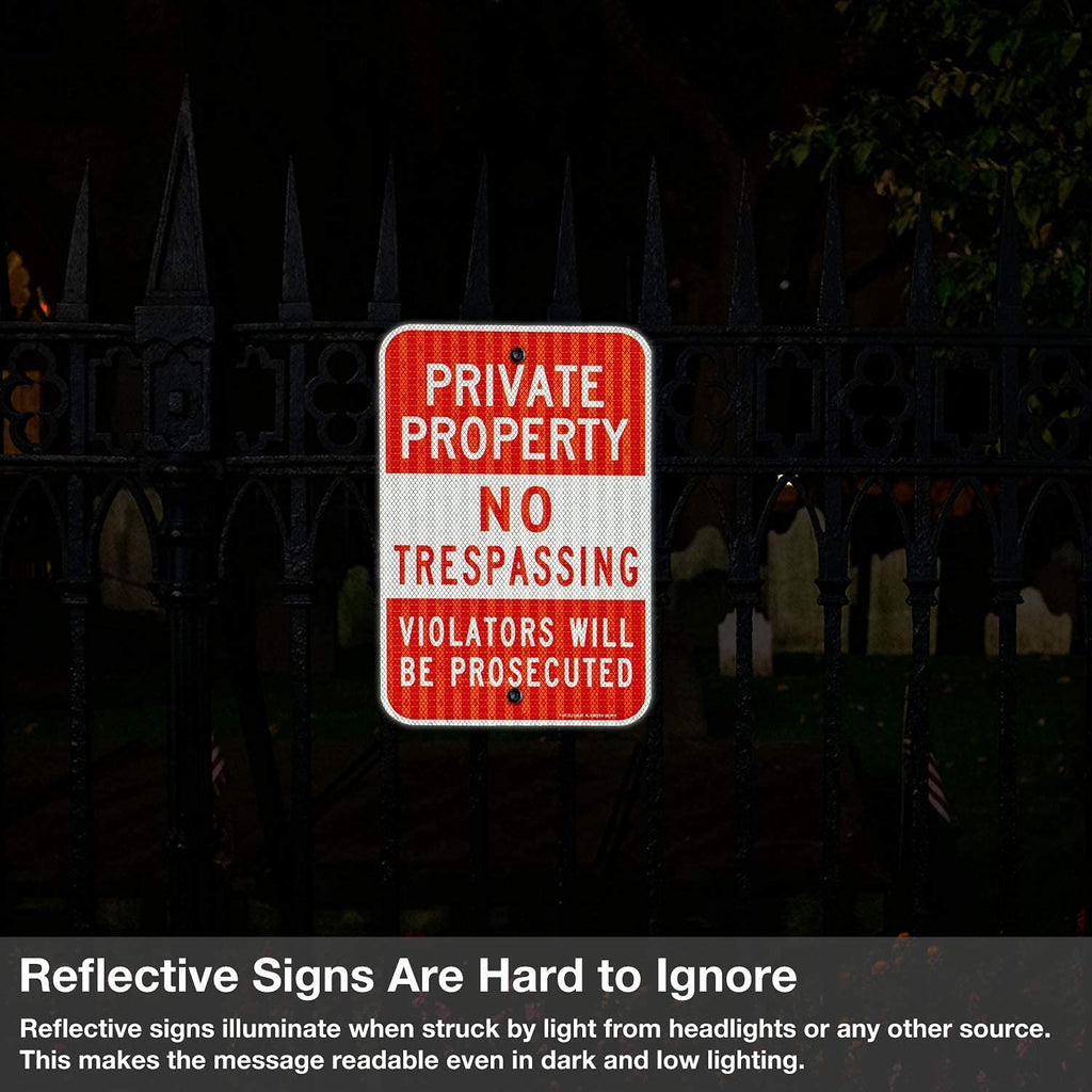(2 Pack) Private Property No Trespassing Sign, Violators Will Be Prosecuted, 18 x 12 Engineer Grade Reflective Sheeting Rust Free Aluminum, Weather Resistant, Waterproof, Easy to Mount