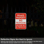 (2 Pack) Private Property No Trespassing Sign, Violators Will Be Prosecuted, 18 x 12 Engineer Grade Reflective Sheeting Rust Free Aluminum, Weather Resistant, Waterproof, Easy to Mount