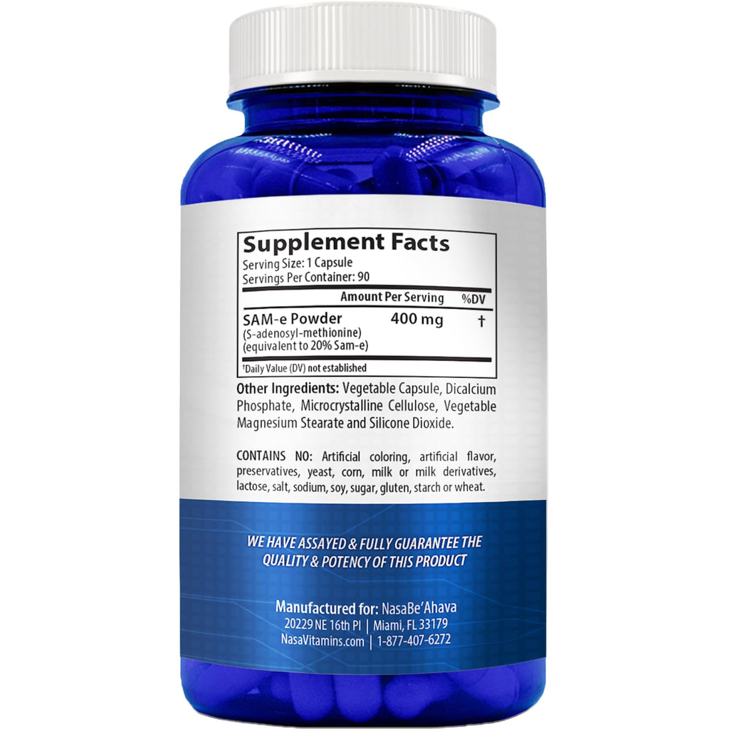 SAM-E Supplement 400mg | Easy Absorption S-Adenosyl-L-Methionine SAM-e 400mg for Bone and Mood Support Supplement | Made in The USA Non-GMO and Gluten Free (90 Day Supply)