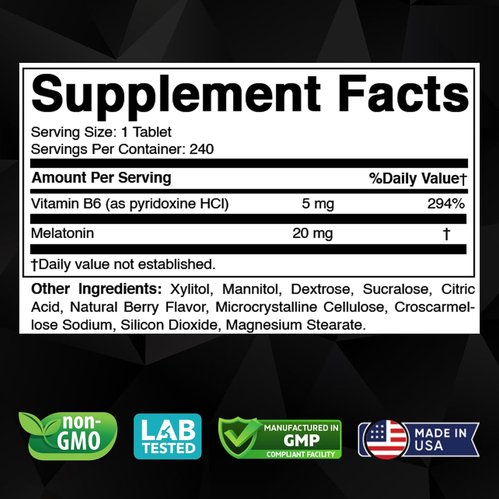 Vitabod Melatonin 20 mg - 240 Fast Dissolve Tablets - Drug Free - Natural Berry Flavor - Vegetarian, Non-GMO, Gluten Free 240 Count (Pack of 3)