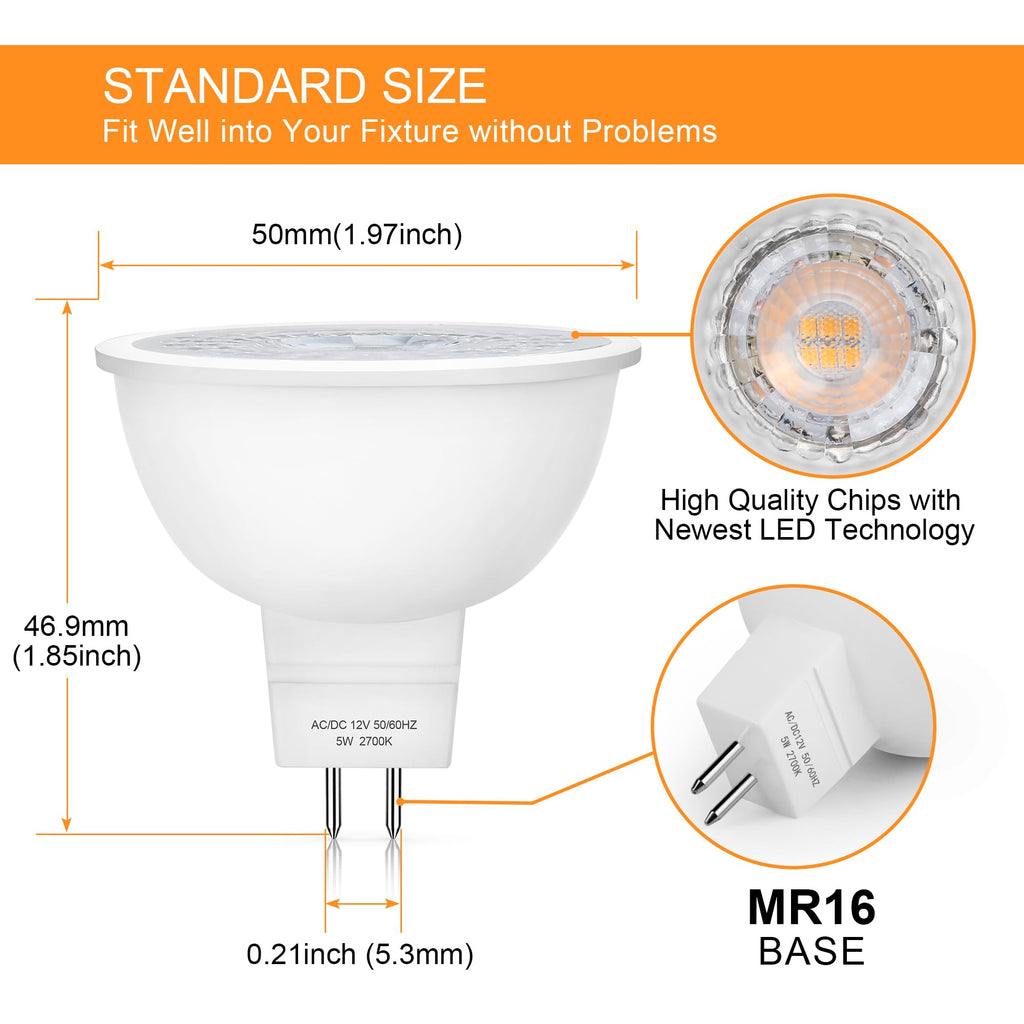 Mlambert 12 Pack MR16 LED Bulbs 50W Halogen Equivalent,2700K Warm White,5W GU5.3 MR16 12V Spotlight Bulb,Non-Dimmable,45° Beam Angle for Landscape