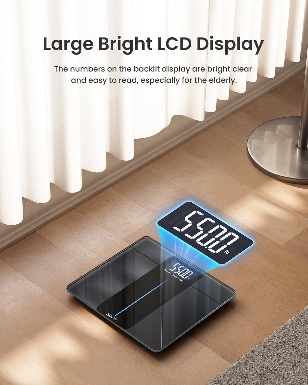 RENPHO Large Platform Weighing Scales for Body Weight, 550lb/250kg Bathroom Scales Large Display, Digital Scales with High Accurate, Weight Loss Tracking, 33x30cm, Core 1L
