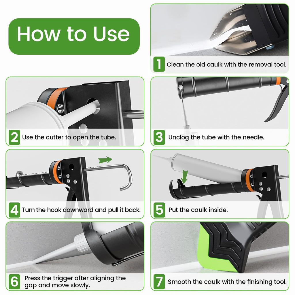 Professional Caulk Gun Kit with Caulk Remover Tool & Putty Knife - 5 in 1 Caulking Tool Set for Caulking Removal, Shower & Bathroom Caulk, Includes Caulking Gun Tool, Caulk Scraper Tool Spackle Knife