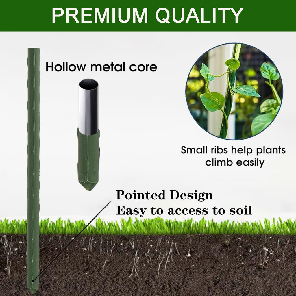Frcctre 50 Pack 16 Inches Garden Stakes with 25 Connectors, Connectable Plant Support Stakes Plastic Coated Metal Tomato Sticks Plant Climbing Support for Tomatoes, Cucumber, Beans, Potted Plants