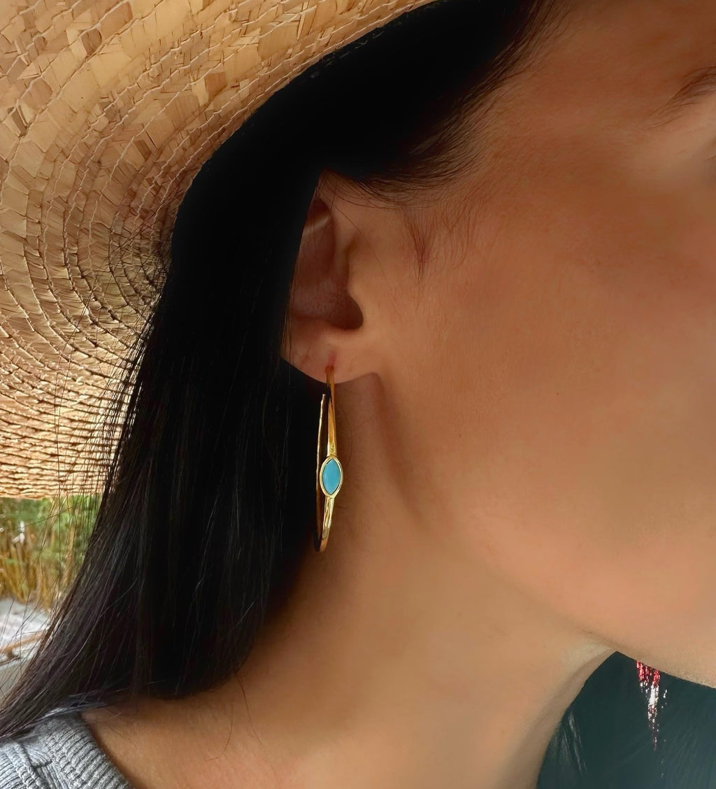 Turquoise Hoop Gold Earrings - Marquise Shape Turquoise Stone Gold Waterproof - Lightweight, Hypoallergenic, Boho Chic Designer Earrings for Everyday Wear -Elegant Minimal Light Weight