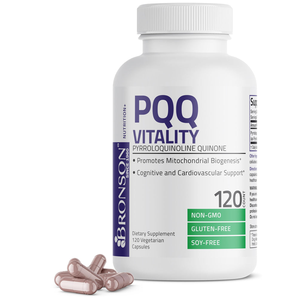 Bronson PQQ Vitality 20mg Pyroloquinoline Quinone Supplement Promotes Mitochondrial Biogenesis Non-GMO, 120 Vegetarian Capsules
