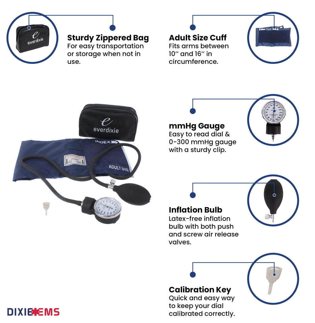Dixie Ems Deluxe Aneroid Sphygmomanometer Blood Pressure Set W/Adult Cuff, Carrying Case and Calibration Tool - Navy
