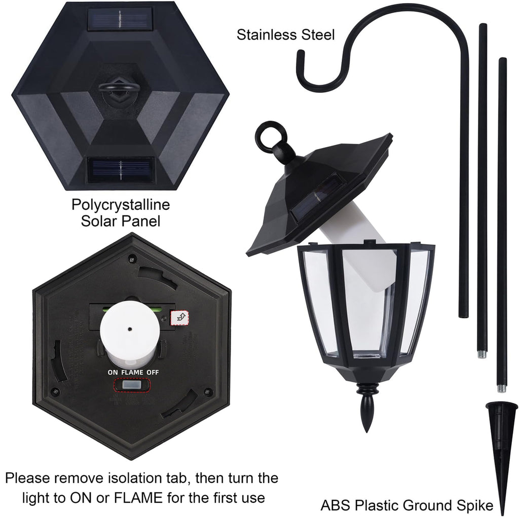 Dynaming 6 Pack Solar Flame Hanging Lights Outdoor, Halloween Solar Flickering Flame LED Garden Lanterns with 6 x 38 Inch Shepherd Hooks, Christmas Lighting for Lawn Patio Yard Pathway Driveway