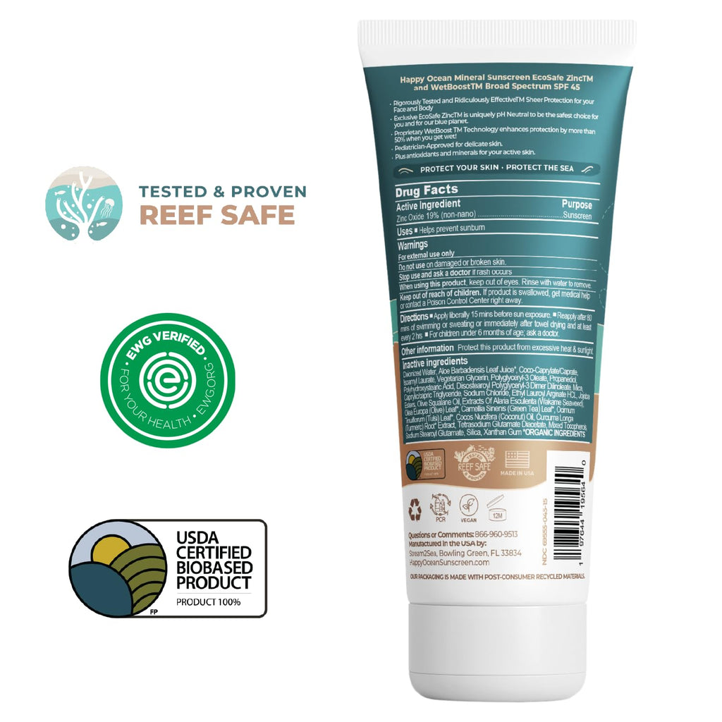 Happy Ocean SPF 45 Reef Safe Mineral Sunscreen for Kids & Sensitive Skin with Non-Nano Zinc Oxide, Non Toxic Kids Sunscreen for Face & Body, Natural Organic Sunblock, Travel Size, Vegan 2.5 Fl Oz