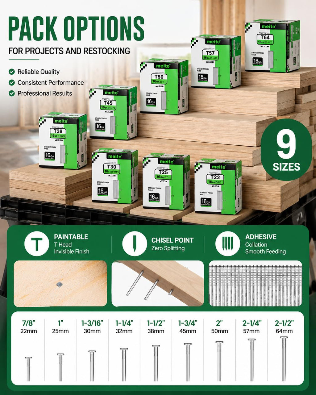 meite 16 Gauge Finish Nails 1-3/4 Inch Galvanized Straight T-Nail 30,000PCS