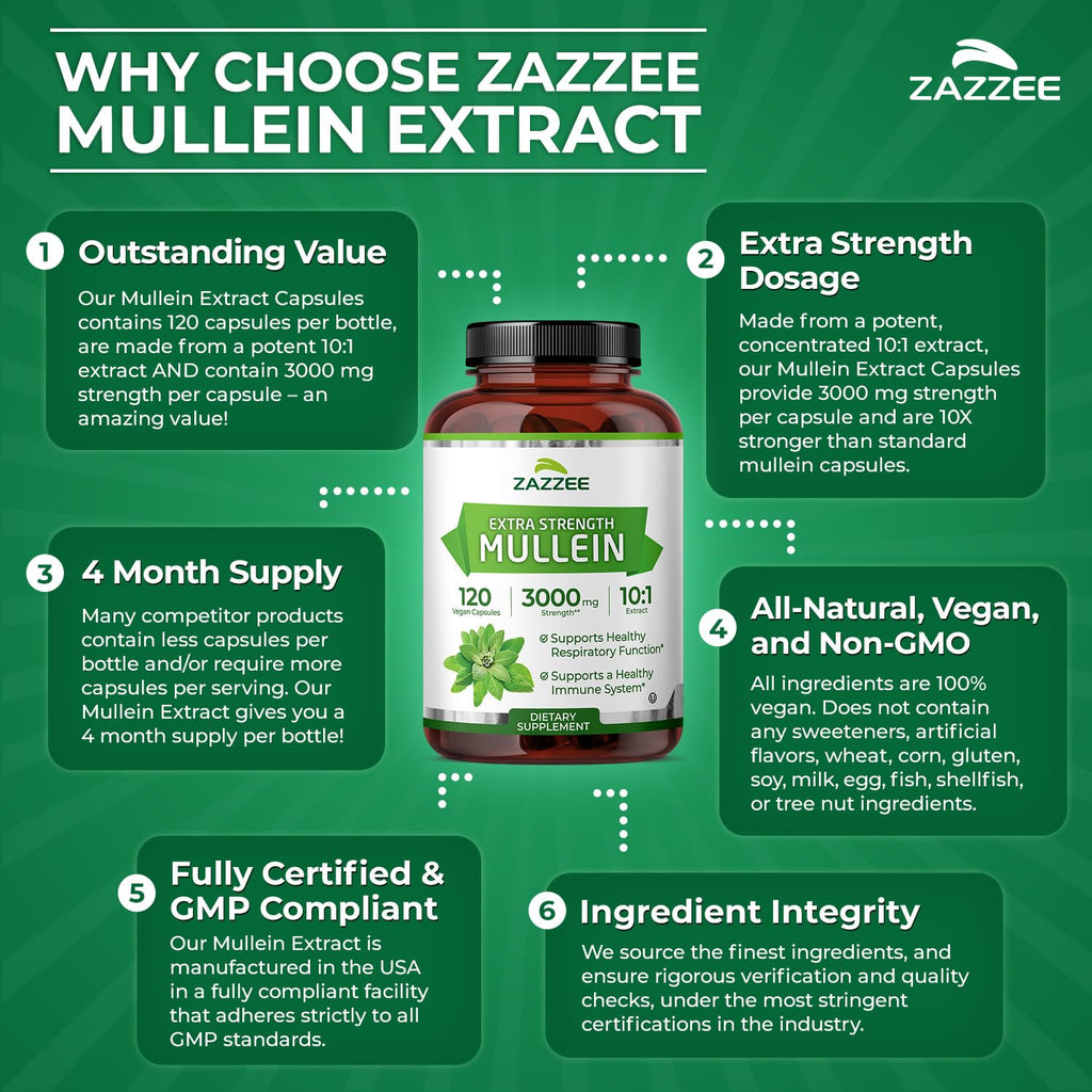 Zazzee Extra Strength Mullein 10:1 Extract, 3000 mg Strength, 120 Vegan Capsules, 4 Month Supply, Certified Kosher, Lung and Respiratory Support, 100% Pure Leaf Powder, Non-GMO, Made in The USA