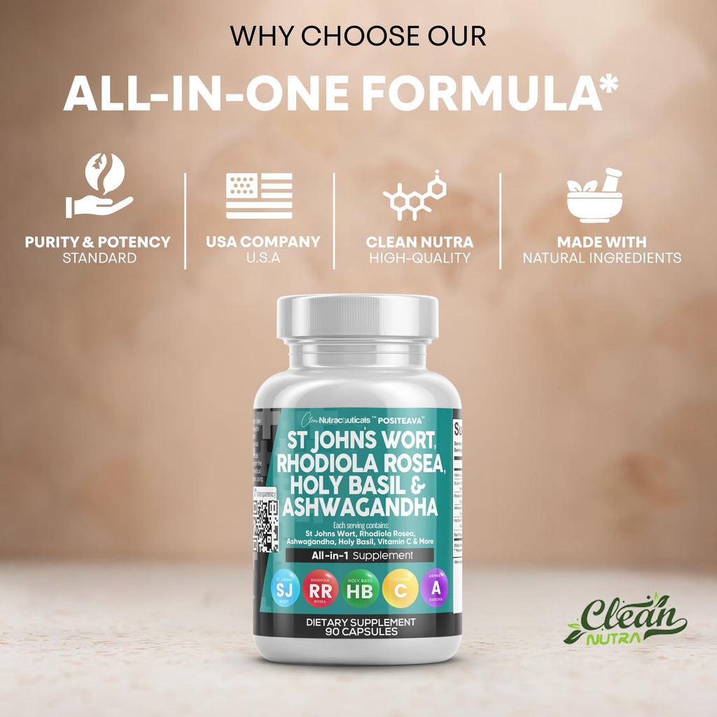 Clean Nutraceuticals St Johns Wort Rhodiola Rosea Holy Basil Ashwagandha - Mood Support for Women and Men with Vitamin C & Black Pepper Extract - 90 Caps