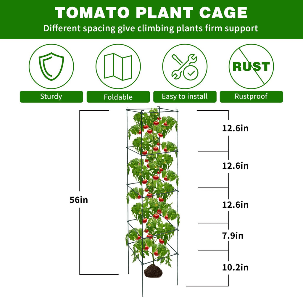 LAKNUAL 6 Packs Tomato Cages for Garden, 12"×12"×56" Plant Support Cage with Different Spacing, Green Metal Trellis for Climbing Plants Like Cucumber, Flowers