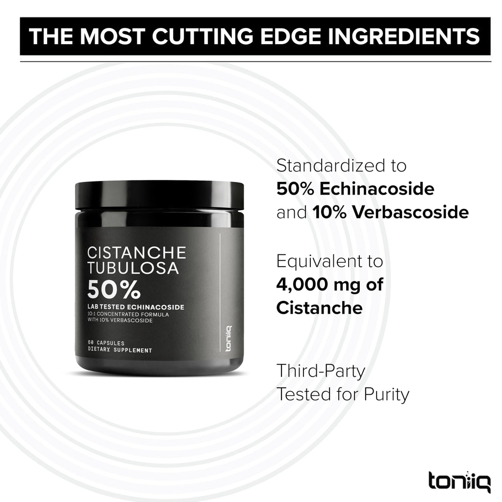 Toniiq Cistanche Tubulosa Extract - Ultra High Potency 10:1 Extract with 50% Echinacoside & 10% Verbascoside - Highly Concentrated - Third-Party Lab Tested - 60 Capsules