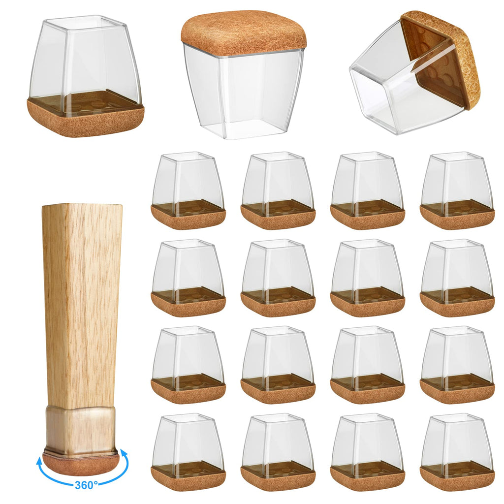 16 Pack Chair Leg Floor Protectors for Hardwood Floors, Round Rubber Furniture Sliders, 360°Felt Pad Bottom Wrapped Thickening Silicone Furniture Legs Caps Covers(Square,Clear-Brown-M)