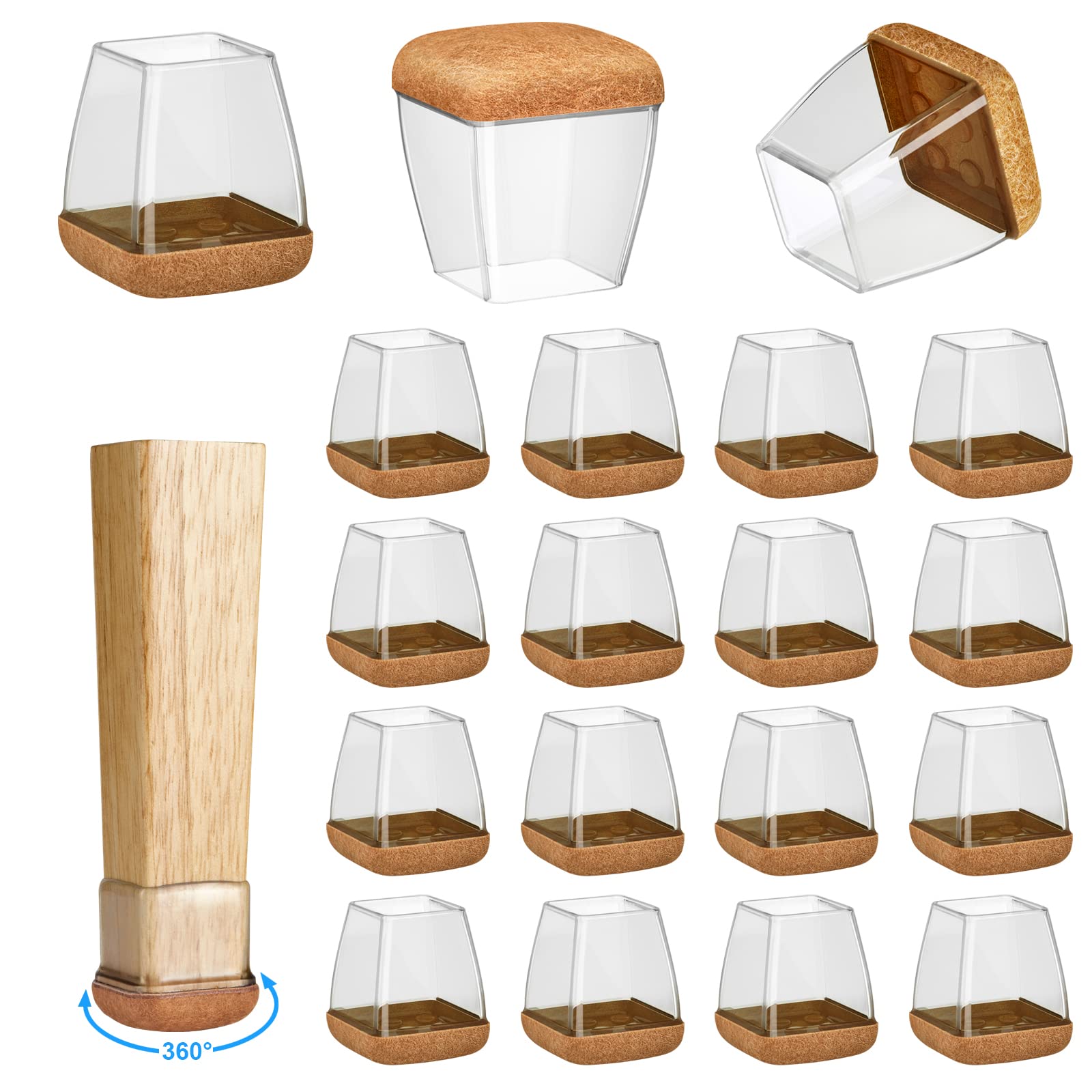 16 Pack Chair Leg Floor Protectors for Hardwood Floors, Round Rubber Furniture Sliders, 360°Felt Pad Bottom Wrapped Thickening Silicone Furniture Legs Caps Covers(Square,Clear-Brown-M)