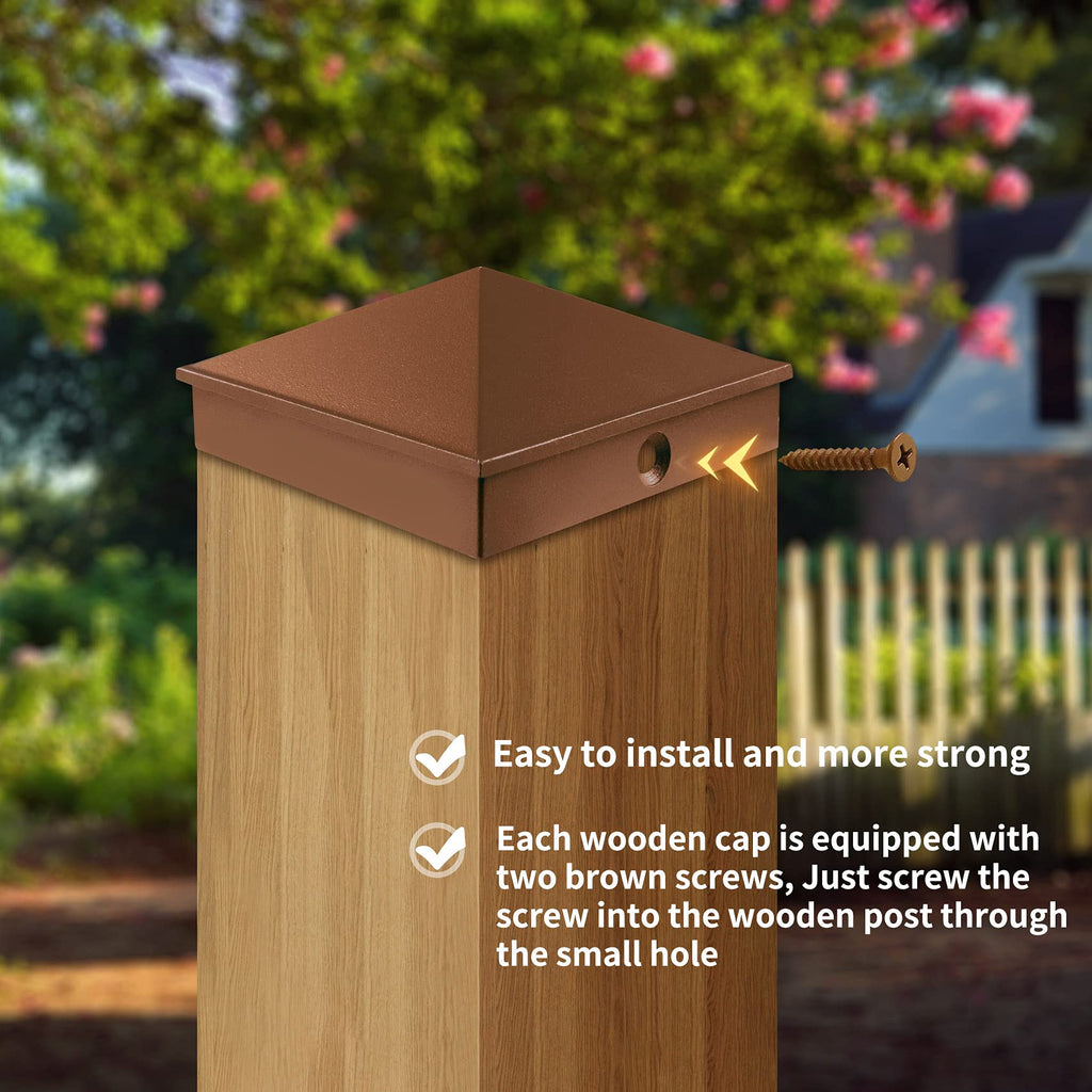 Azdele 4x4 Heavy Duty Aluminum Pyramid Post Caps Cover for 4x4 Nominal Wood Post(True 3.5" x 3.5"), with Matte Finish Powder Coated Surface, Fence Wood Post of Decks or Corridors, Brown, 4 Pack