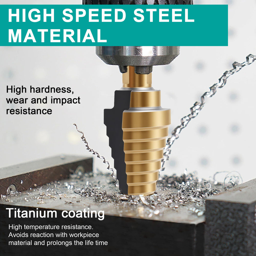 OSTTE Step Drill Bit Set 5PCS, 50 Sizes HSS Titanium Coated Step Bits for Metal Stainless Steel Aluminum Iron Wood Plastic, with Aluminum Case