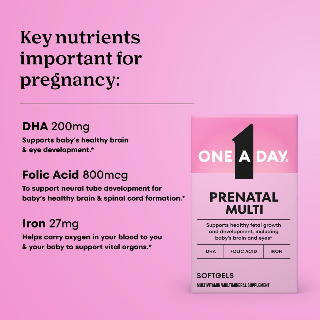 One A Day Prenatal Vitamins- Folic Acid, Iron, Omega- 3 (DHA), Pregnancy Vitamins for Women, Prenatal Multivitamin for Mom and Baby Support, Pregnancy Must Haves 90 Ct (Packaging May Vary)