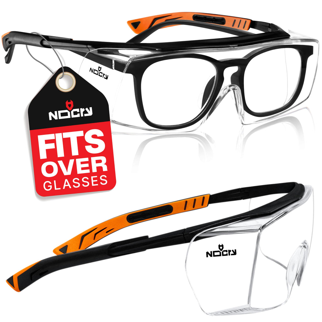 NoCry Safety Glasses Over Eyeglasses for Men and Women with Anti Scratch Lenses and Integrated Side Shields — Adjustable Temples with Anti-Slip Tips — 100% UV Protective Eyewear — ANSI Z87 Certified
