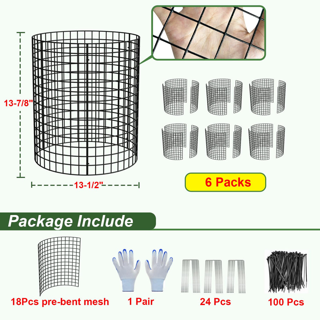 6 Pack Plant Protector from Animals, 13.5" Dia x 14" H Wire Plant Protectors, 18pcs Pre-Bent Metal Mesh to Keep Animals Out with Zip Ties & Stakes (6 Packs)