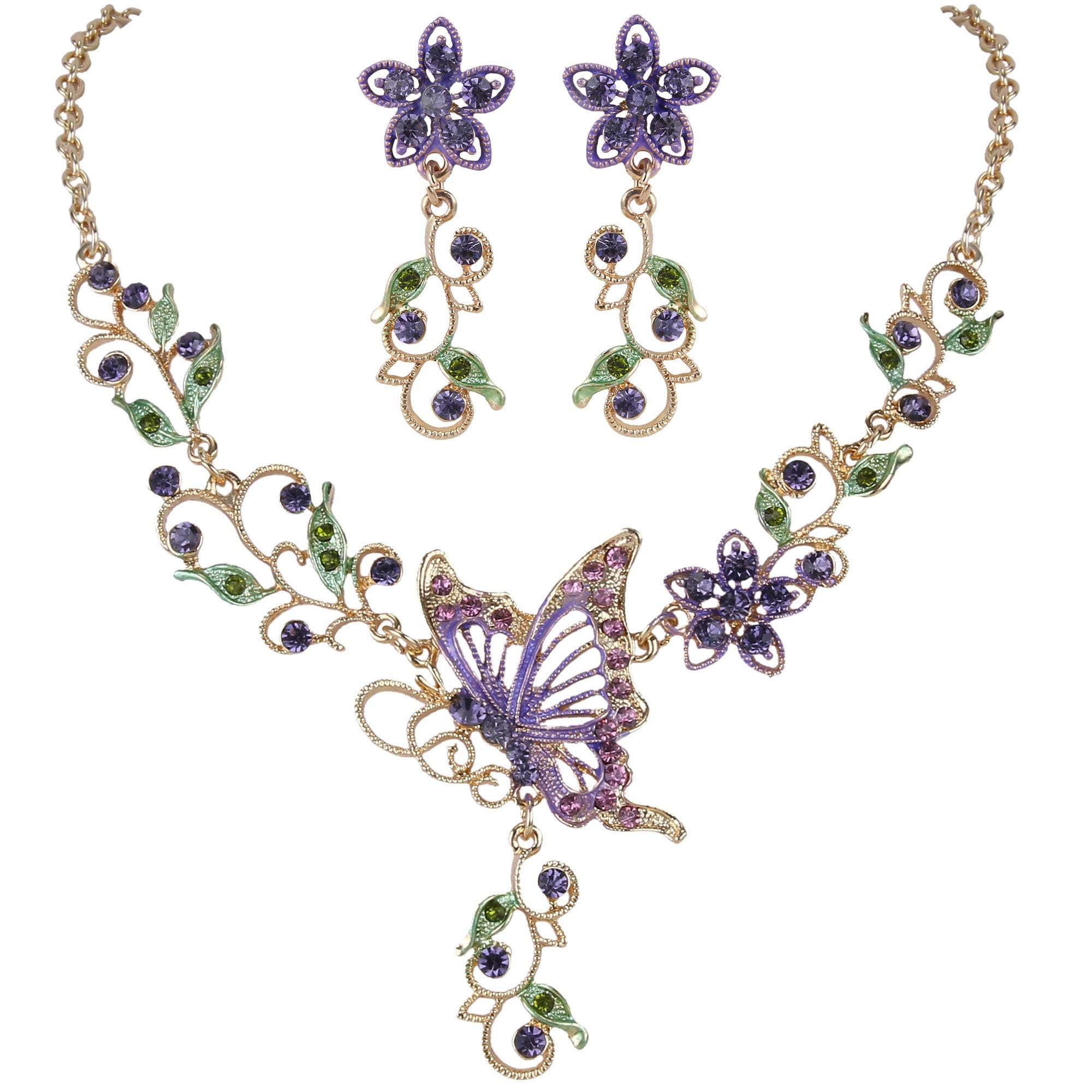 EleQueen Women's Butterfly Flower Leaf Purple Necklace Earrings Set