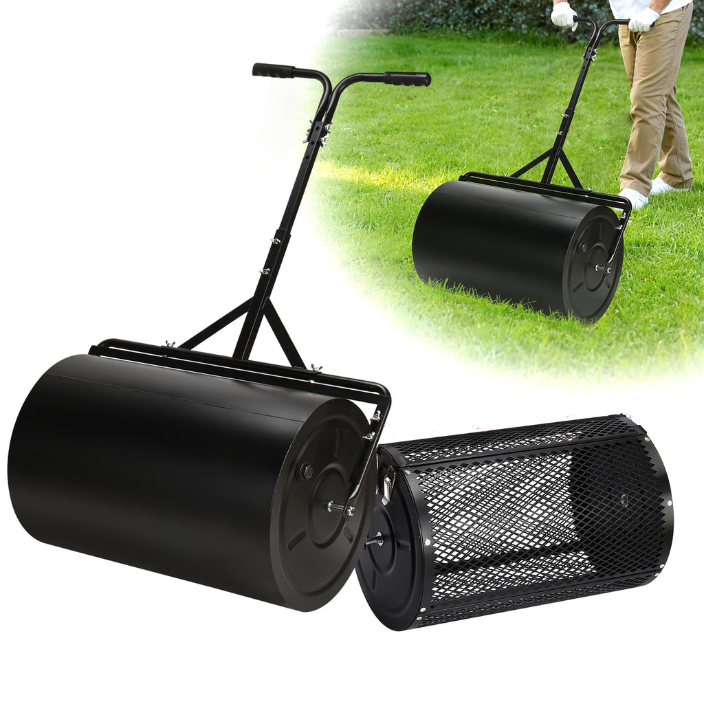 GADFISH 24 Inch Compost Spreader & Lawn Roller, Featuring One Mesh Roller and One 23 Gallon Hollow Roller, Push & Tow Design, Suitable for Lawn Maintenance and Peat Moss Spreader