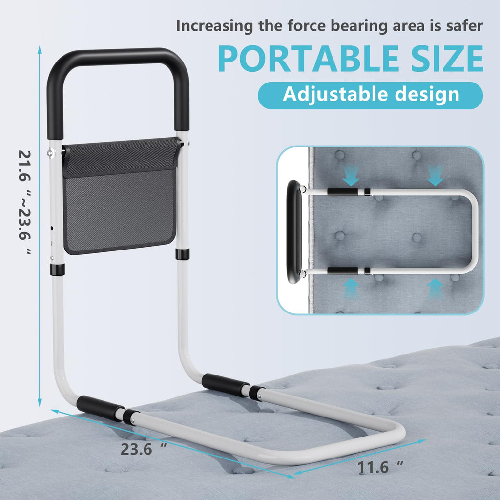 Hopelight Adjustable Bed Rail Support Handle with Storage Pouch, White and Black, Height Assist Safety Guard, Adjustable Bed Assist Rails for Seniors & Patients - Fits All Beds, Tool-Free Assembly