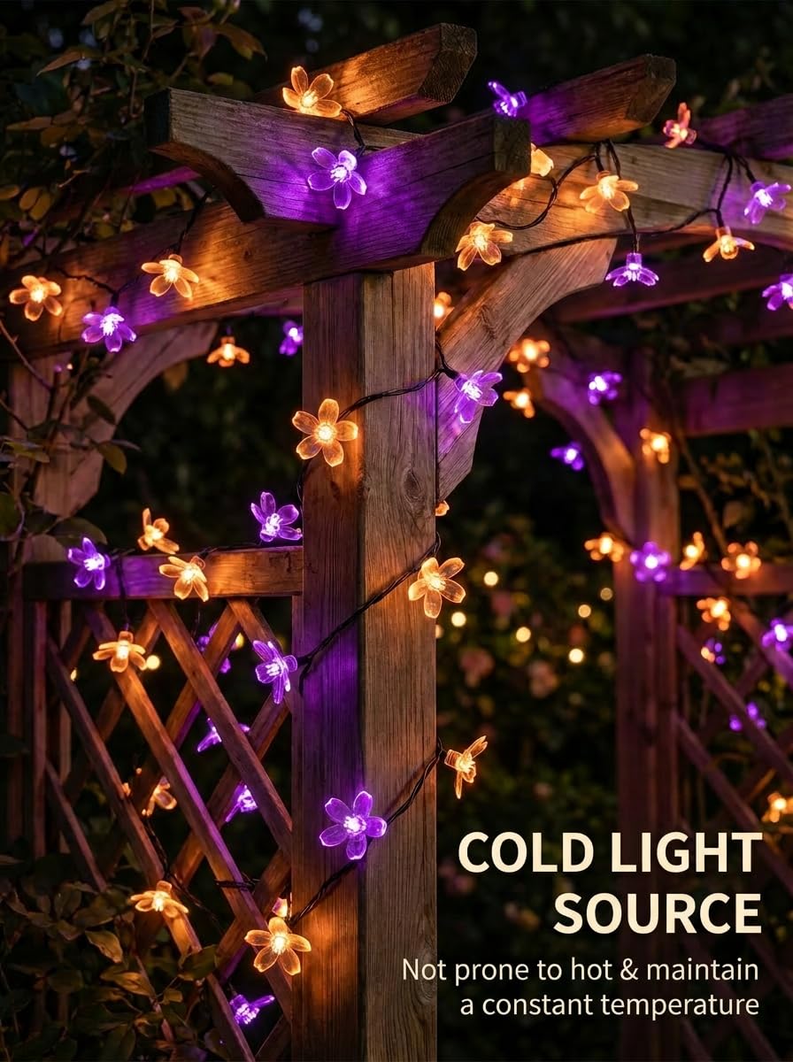 ITICdecor Solar Flower String Lights Outdoor Waterproof 50 LED Solar Powered Fairy Lights for Garden, Fence, Patio, Yard, Christmas Tree & Party Decor(Purple & Orange)